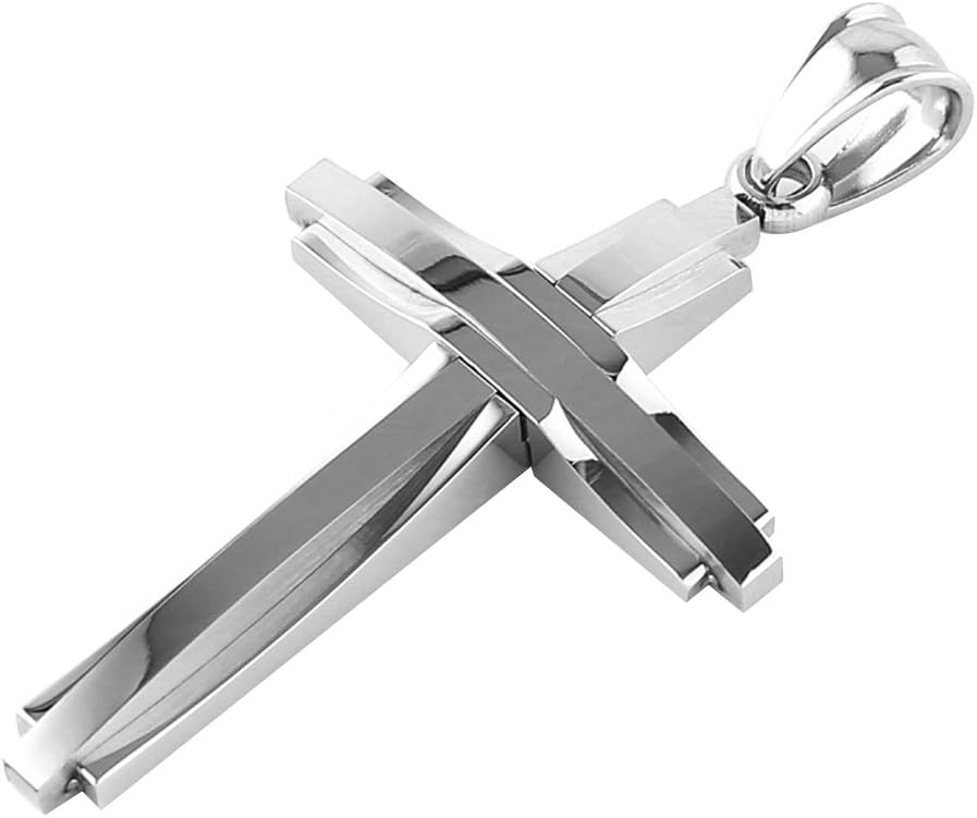 Mens Polished Stainless Steel Silver Cross Pendant Necklace 22+2 Inches Chain