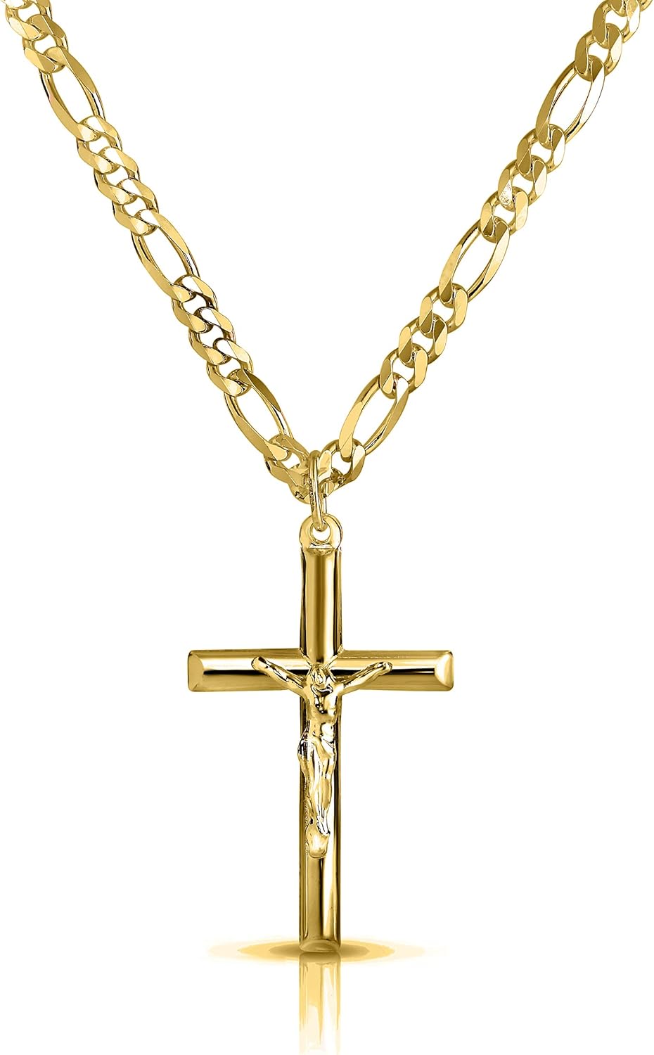 Jewelers Men and Women 24" Stainless Steel 3.8MM Figaro Chain Necklace Crucifix Cross Pendant (Gold Color)