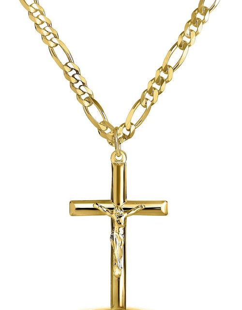 Load image into Gallery viewer, Jewelers Men and Women 24&quot; Stainless Steel 3.8MM Figaro Chain Necklace Crucifix Cross Pendant (Gold Color)
