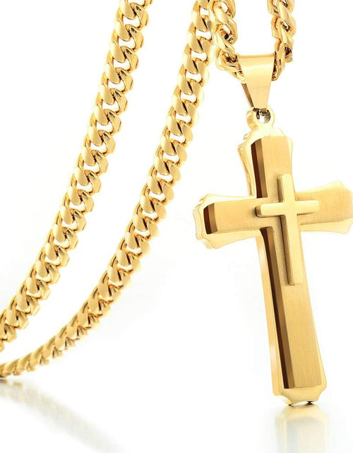 Load image into Gallery viewer, Cross Necklace for Men Boys Pendant Necklace Stainless Steel Double Cross Necklace with 24 inches Cuban Link Chain, Gold
