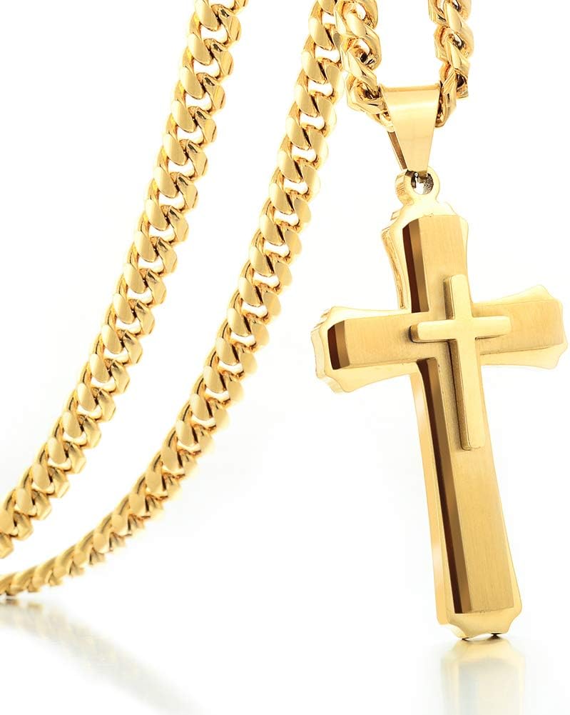 Cross Necklace for Men Boys Pendant Necklace Stainless Steel Double Cross Necklace with 24 inches Cuban Link Chain, Gold