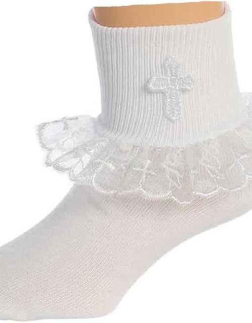 Load image into Gallery viewer, Girls White Baptism First Communion or Christening Socks with Cross and Ruffle (Size  9-11, White)
