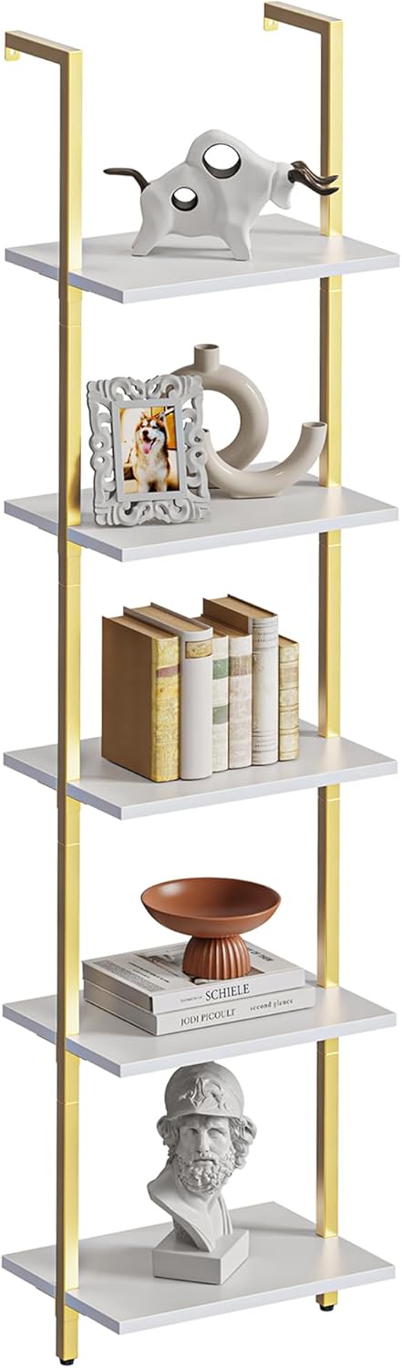 5-Tier Bookshelf, Narrow Book Shelf, Open Wall-Mounted Ladder Shelf with Metal Frame