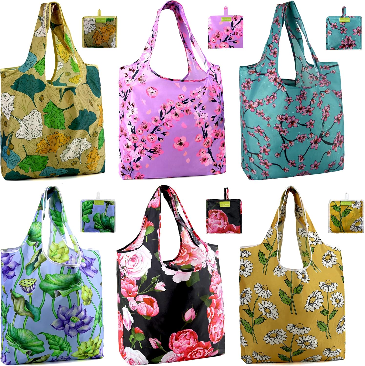 Floral Tote Bags Foldable Flower Grocery Reusable Bags Large Shopping Tote for Groceries, 6 PIeces