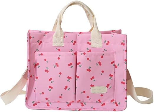 Cherry Tote Bag for Women Canvas Patched Purse Cute Shoulder Bag Multi-Pocket Satchel Handbag