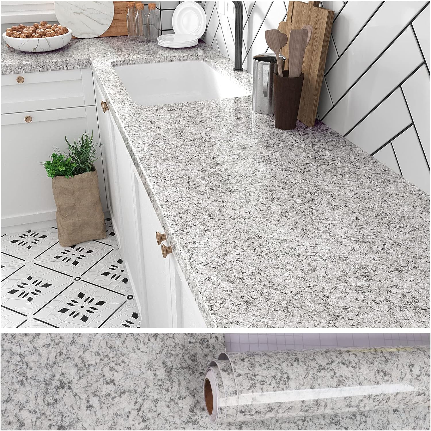 Countertops Waterproof Self Adhesive Grey Granite Wallpaper Peel and Stick, 15.7''x118'' Granite