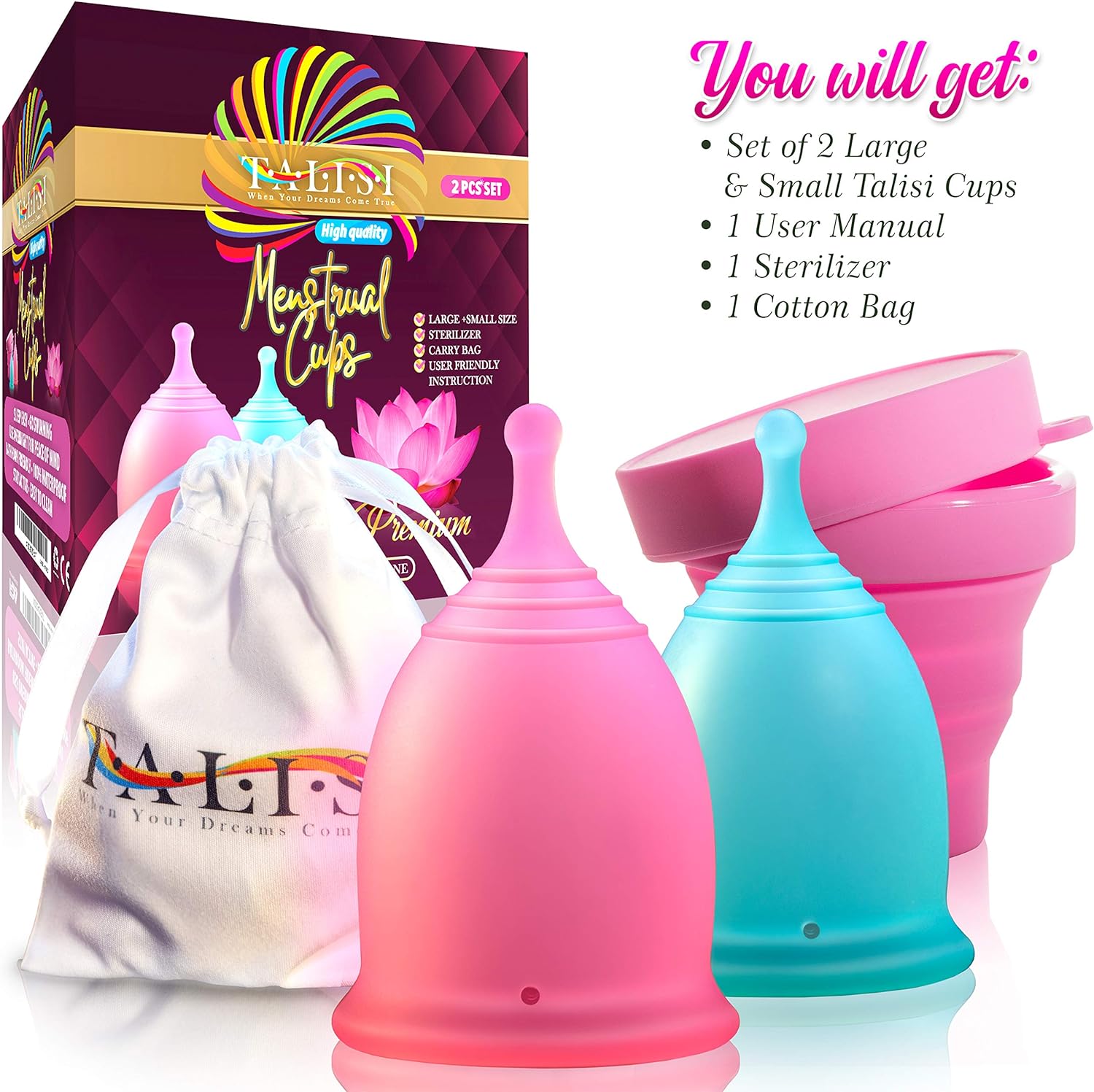 Menstrual Cups Set of 2 with Collapsible Silicone Foldable Sterilizing Cup, Large and Small, Round Steam