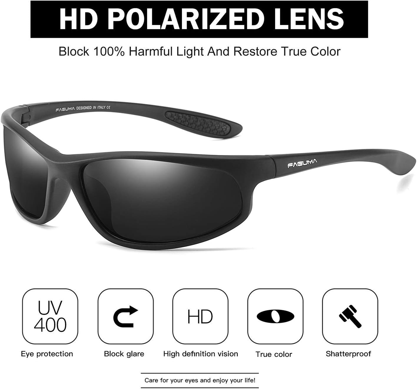Polarized Sports Sunglasses For Men Cycling Driving Fishing 100% UV Protection (Matte Black Frame/Grey Lens)