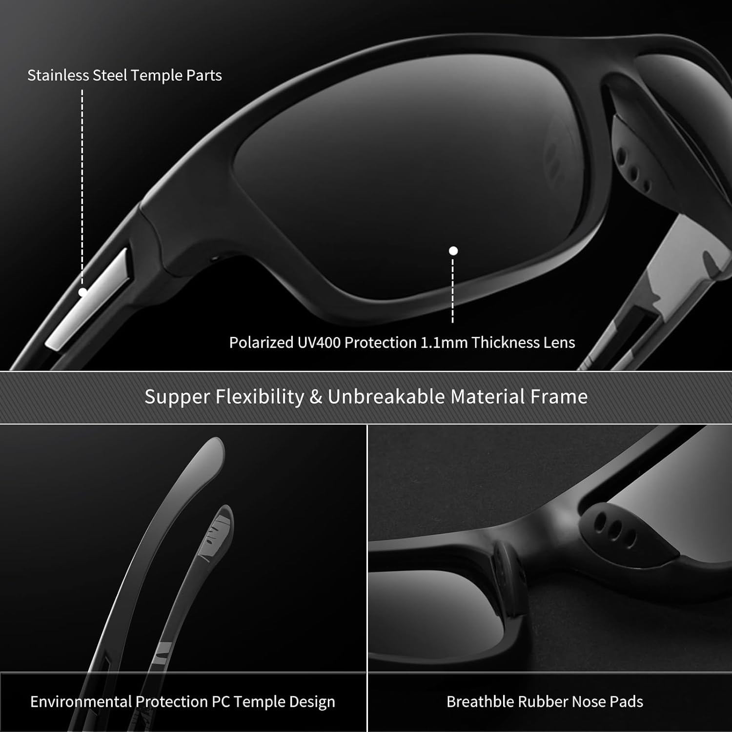 Polarized Sports Sunglasses for Men: UV400 Protection Glasses, Black