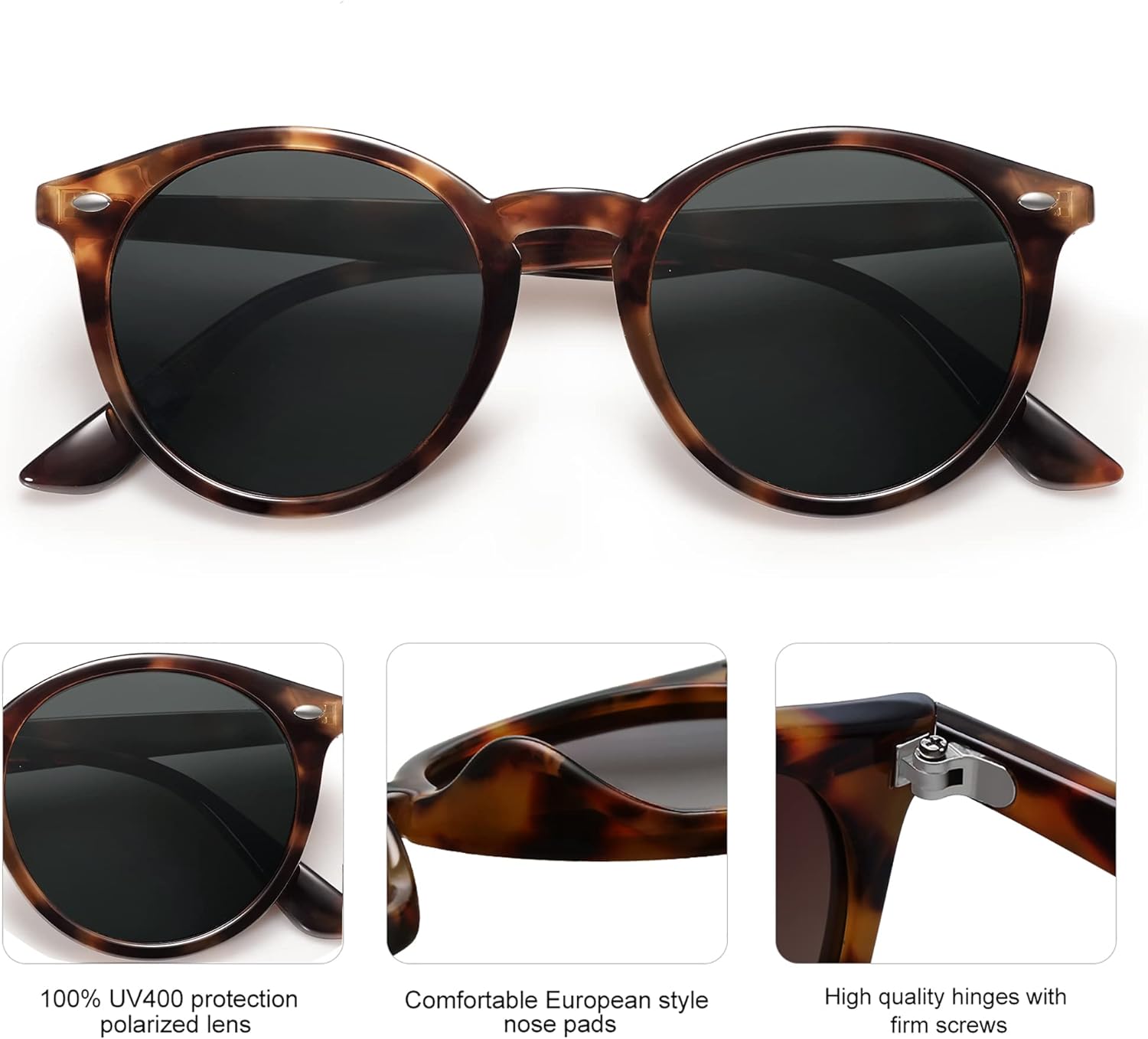 Retro Round Polarized Sunglasses for Women Men Classic Vintage Sunnies (Ancient Tortoise/Grey)