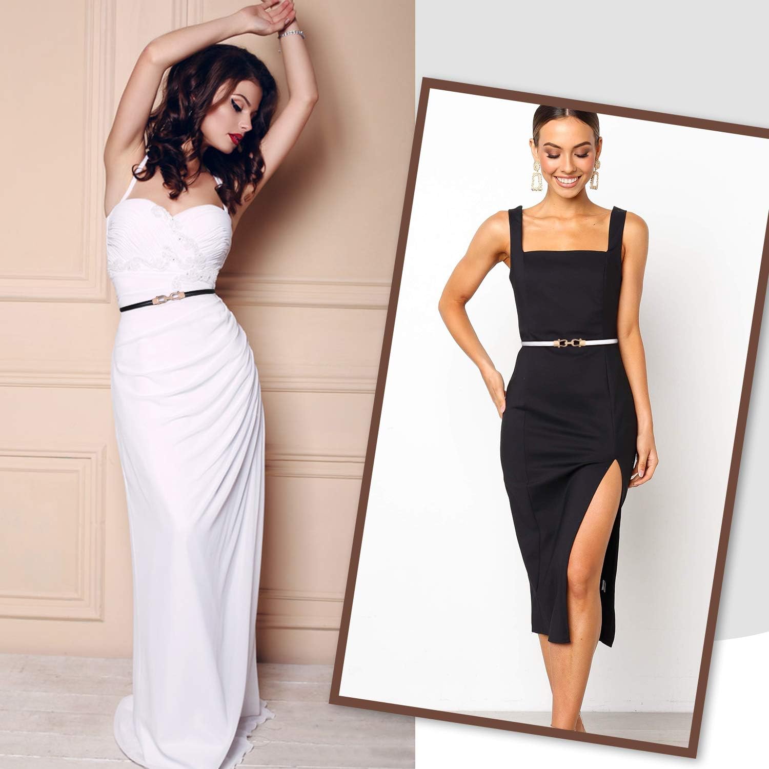 Leather Skinny Women Belt Thin Waist Belts for Dresses up to 37 Inches with Golden Buckle, 2 Pack