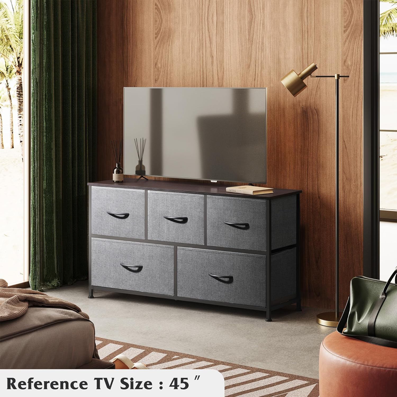 Dresser for Bedroom with 5 Drawers, Organizer Unit with Fabric Bins for Closet, Living Room, Hallway, Dark Grey