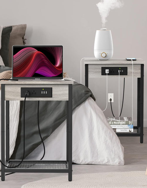Load image into Gallery viewer, Grey Nightstand with Charging Station Small Bedside Nigh Stand Table with USB Ports, Grey
