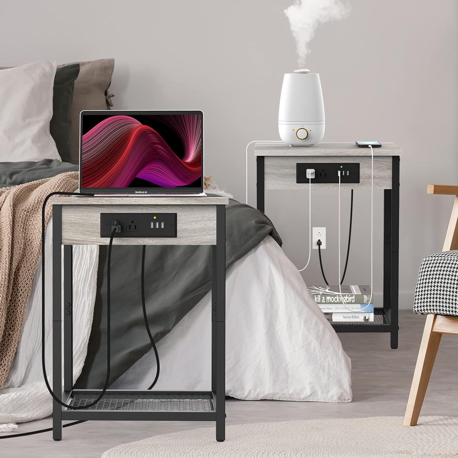 Grey Nightstand with Charging Station Small Bedside Nigh Stand Table with USB Ports, Grey