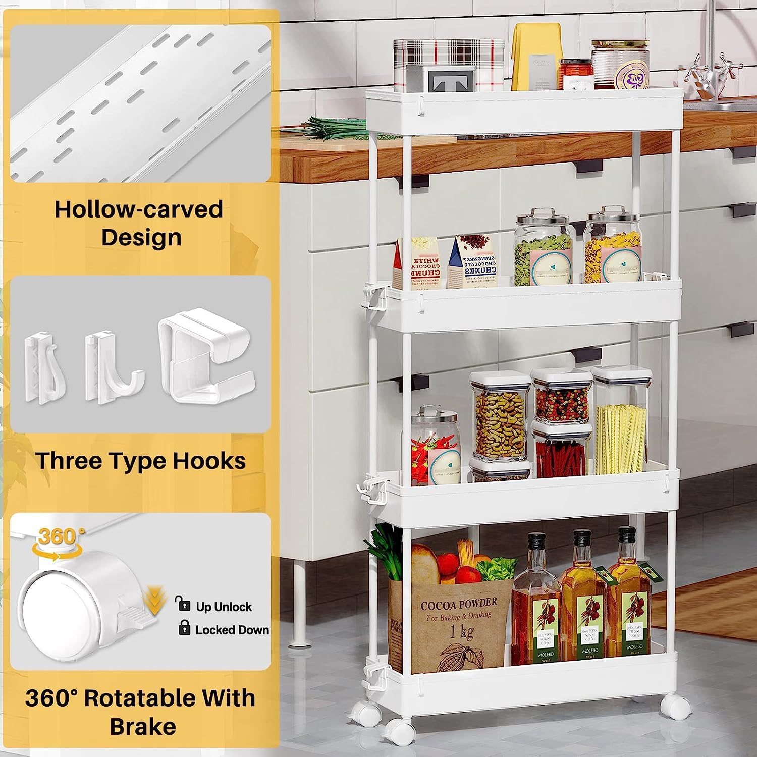 Slim Rolling Storage Cart 4 Tier Bathroom Organizer Mobile Shelving Unit Utility Cart, White