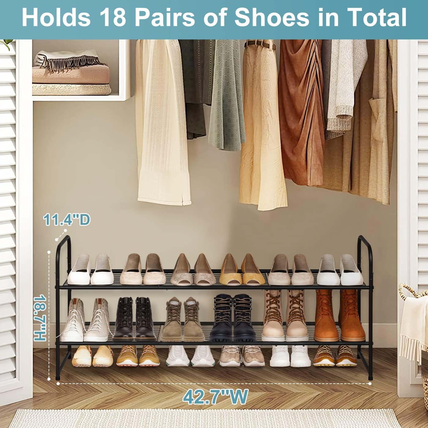 2 Tier Shoe Rack for Closet Metal Wide Stackable Shoe Storage Organizer for Entryway, Black