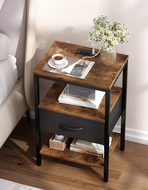 Load image into Gallery viewer, Nightstand with Charging Station, Bed Side Table with Adjustable Fabric Drawer, 3-Tier Storage End Table,
