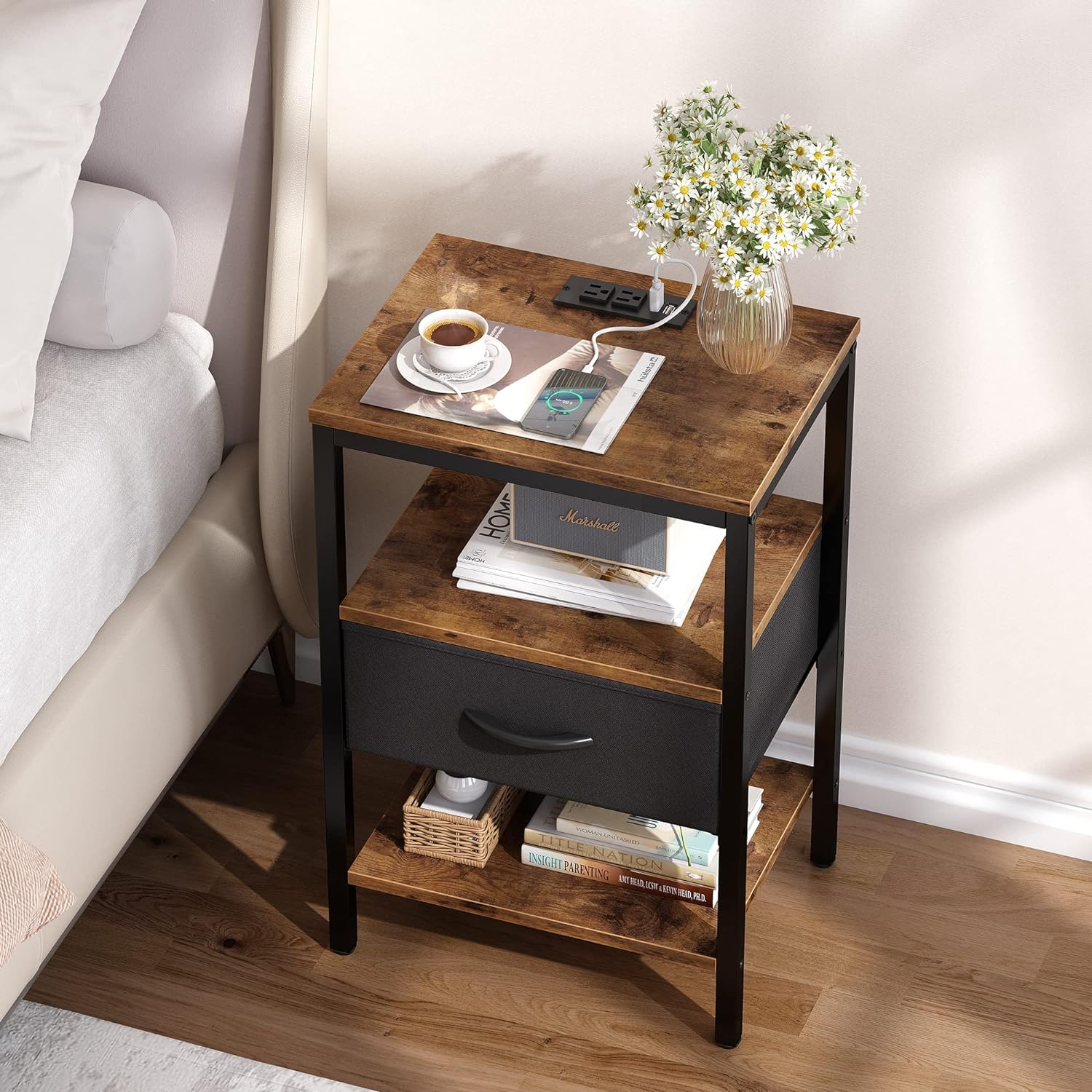 Nightstand with Charging Station, Bed Side Table with Adjustable Fabric Drawer, 3-Tier Storage End Table,