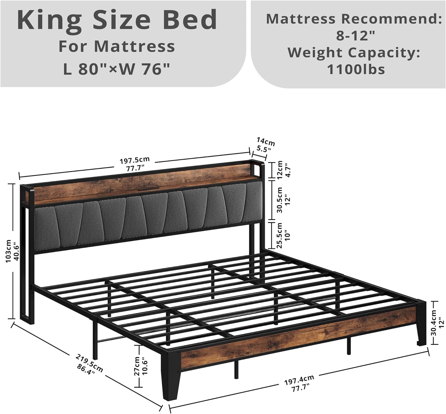 King Size Bed Frame, Storage Headboard with Charging Station, Solid and Stable, Easy Assembly