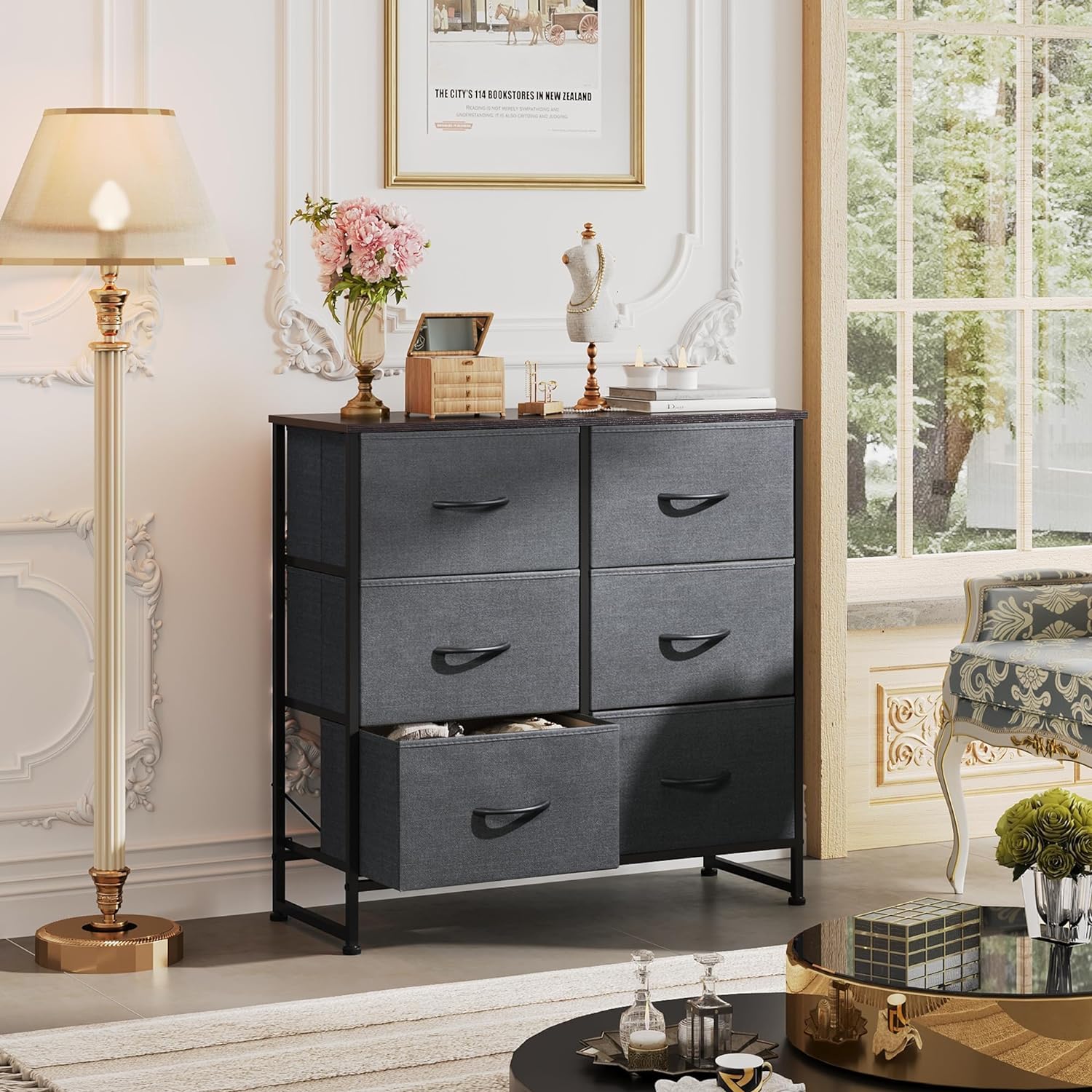6 Drawer Double Dresser, Storage Tower with Fabric Bins, Dark Grey