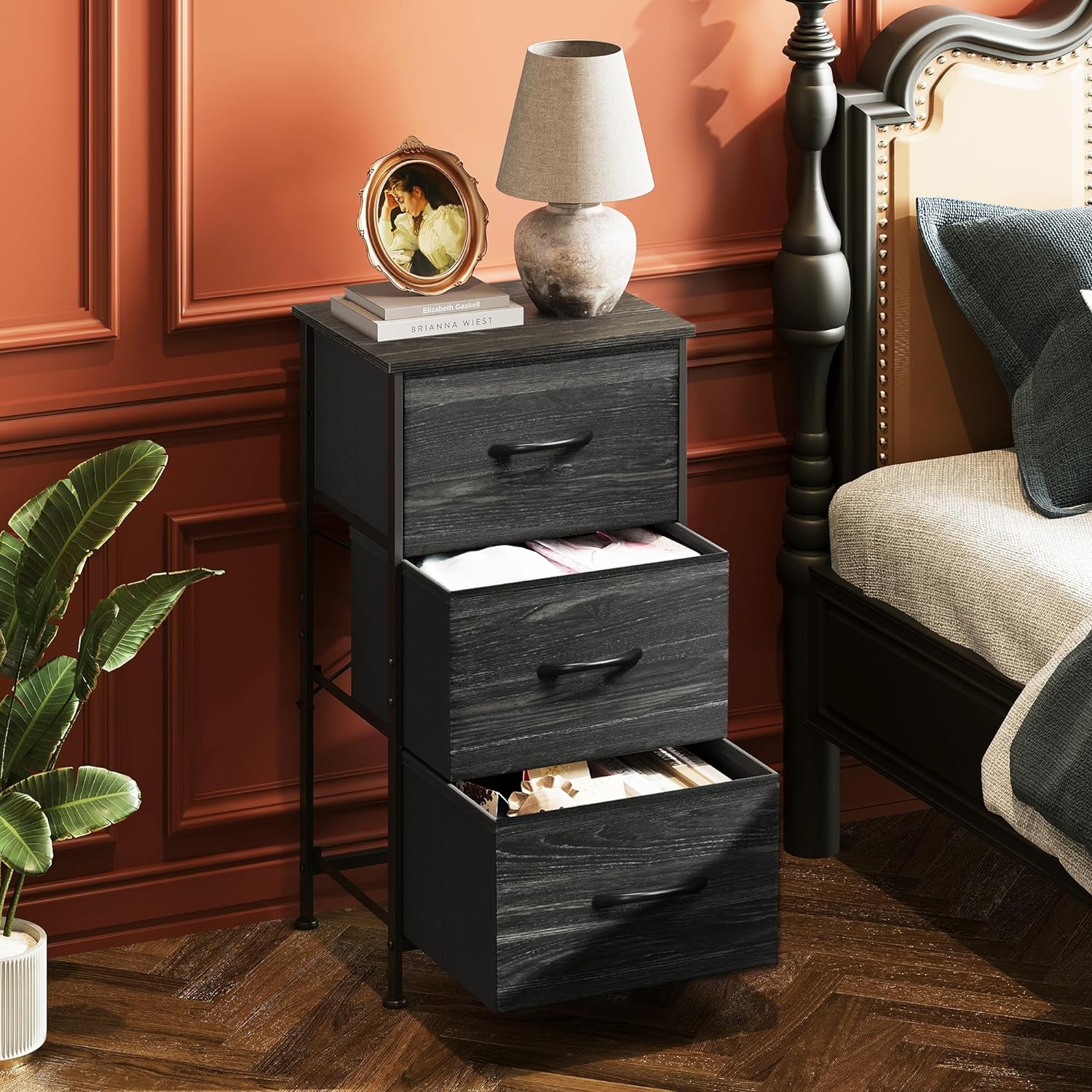 Nightstand with 3 Drawers, Fabric Dresser, Organizer Unit, Charcoal Black Wood Grain Print