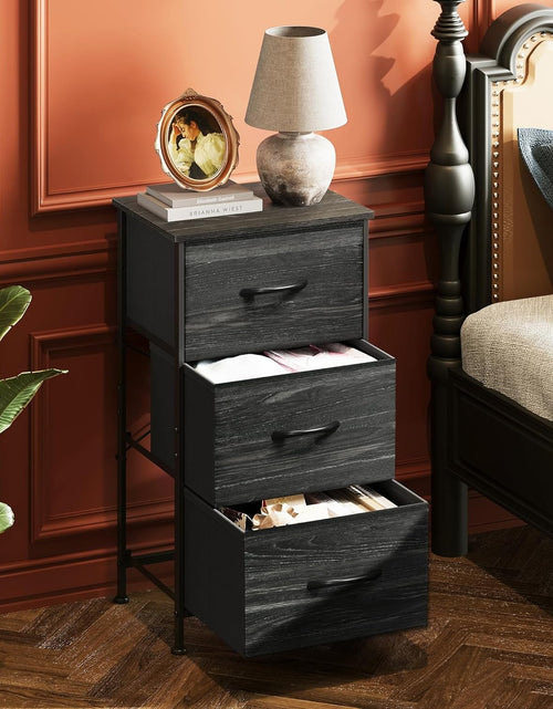 Load image into Gallery viewer, Nightstand with 3 Drawers, Fabric Dresser, Organizer Unit, Charcoal Black Wood Grain Print
