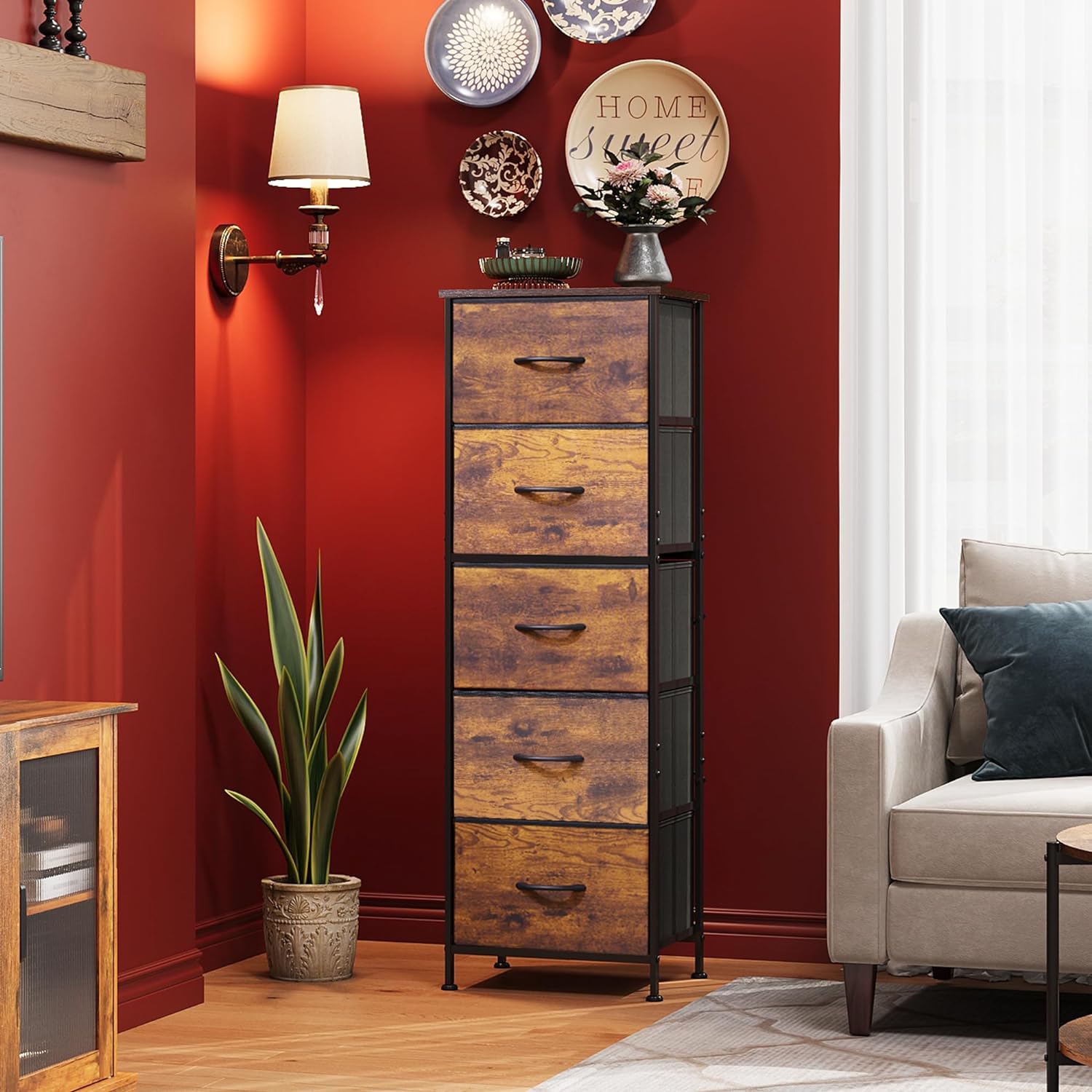 5-Drawer Tall Dresser for Bedroom, Storage Dresser Organizer with Fabric Bins, Rustic Brown