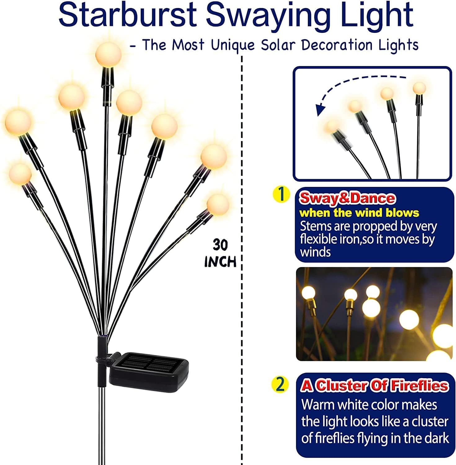 New Upgraded Solar Swaying Light, Sway by Wind, Solar Outdoor Lights, Warm White (2 Pack)