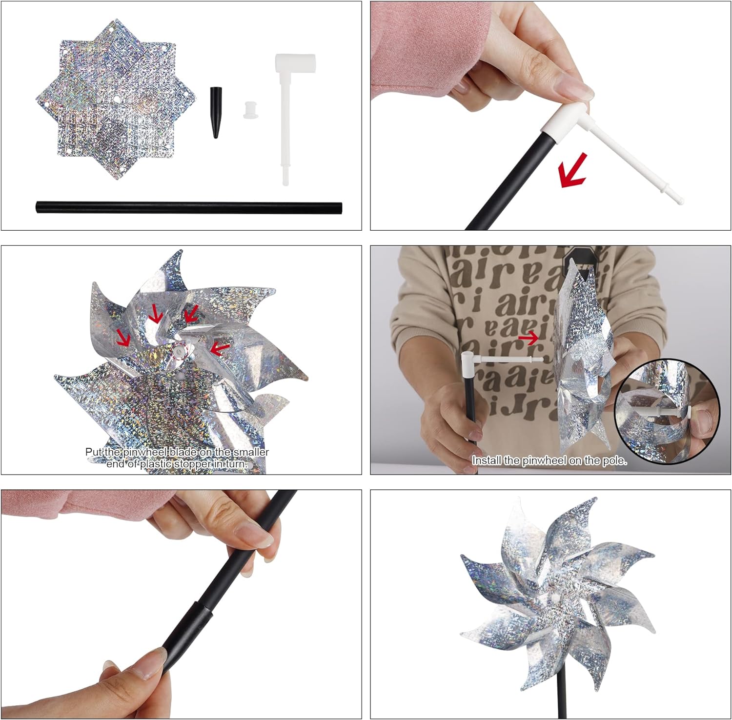 10 Pack Reflective Pinwheels with Stakes, Extra Sparkly Pinwheel for Garden Decor