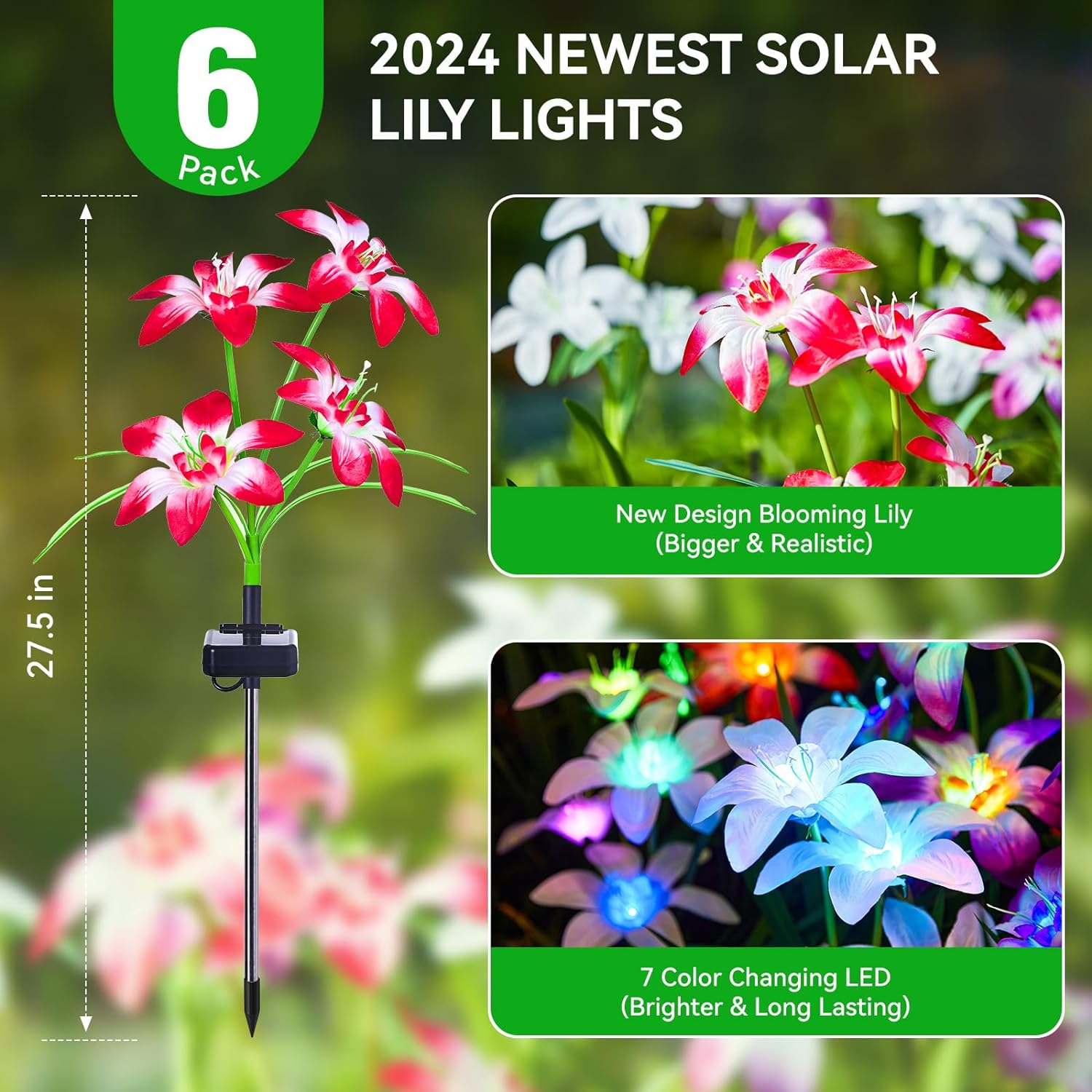 6 PACK Solar Lights Outdoor Garden, Upgraded Solar Garden Lights with 24 Enlarged Blooming Lily Flowers