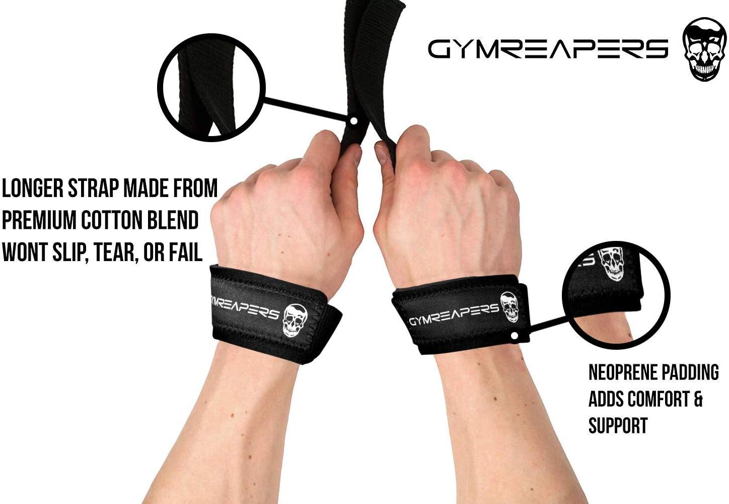 Lifting Wrist Straps for Weightlifting, Bodybuilding, Padded Neoprene with 18 inch Cotton, Black