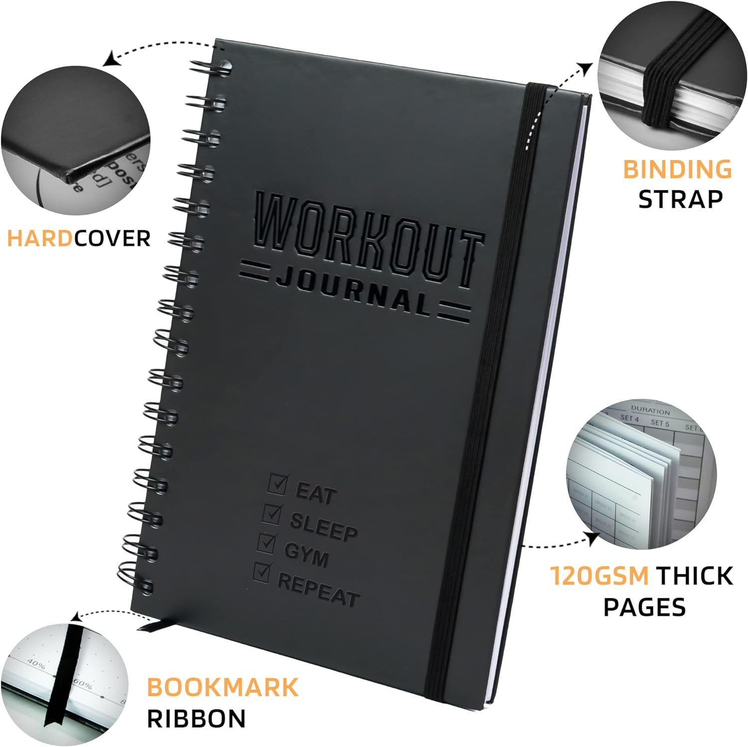 Hardcover Fitness Journal Workout Planner for Men & Women - A5 Sturdy Workout Log Book, Black