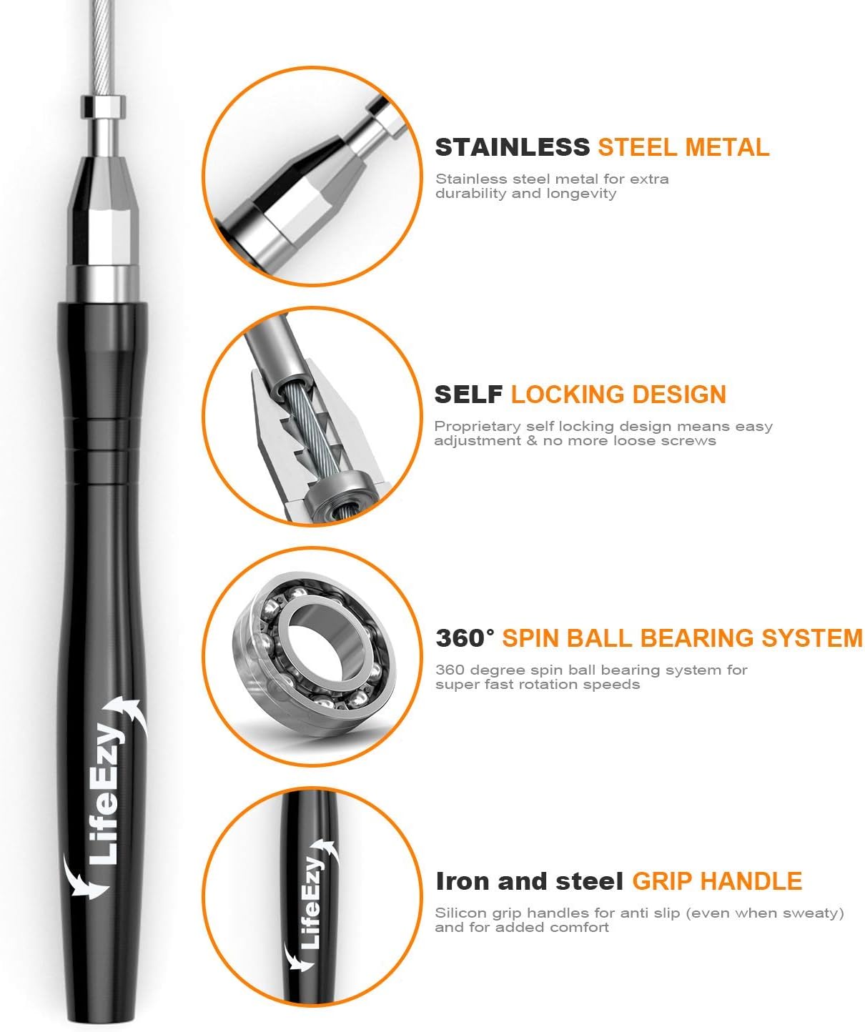 High Speed Weighted Jump Rope - Premium Quality Tangle-Free - Self-Locking Screw-Free Design, Black