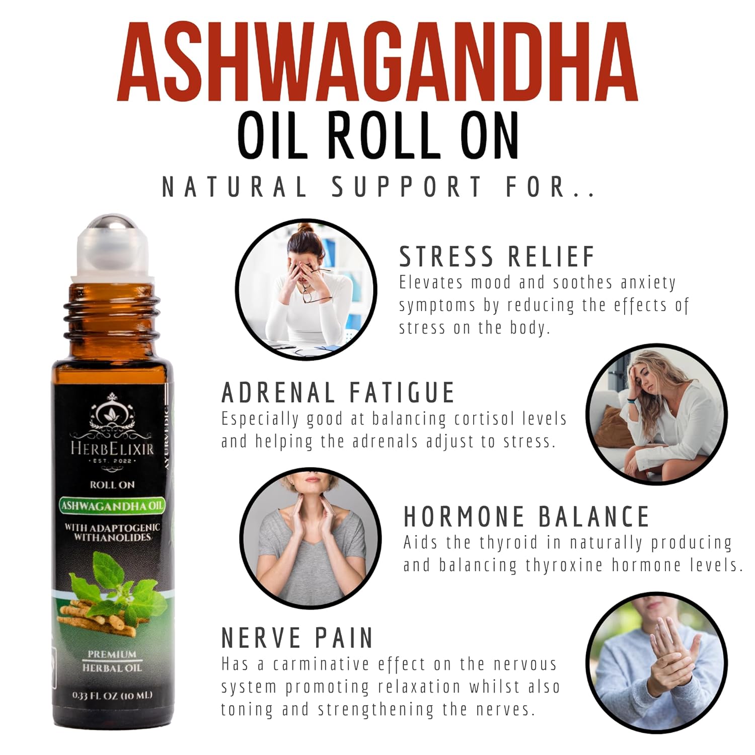 Ashwagandha Oil Roll On - for Stress Relief, Hormone Balance, Thyroid Support - 10ml