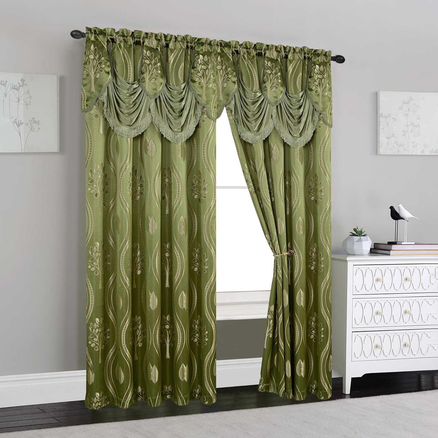Jacquard Look Curtain Panel Set with Attached Valance 54" X 84 inch (Set of 2), Sage