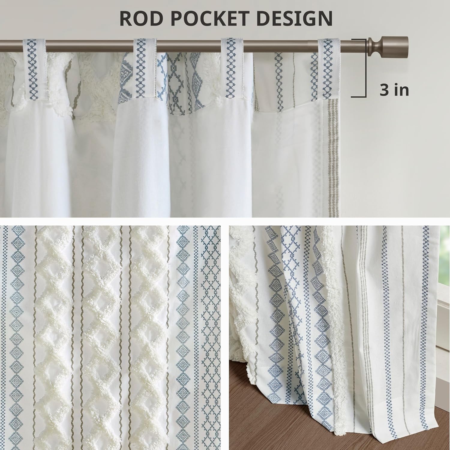 Boho Curtains for Bedroom SINGLE PANEL Window Curtains, 50x84 White/Navy