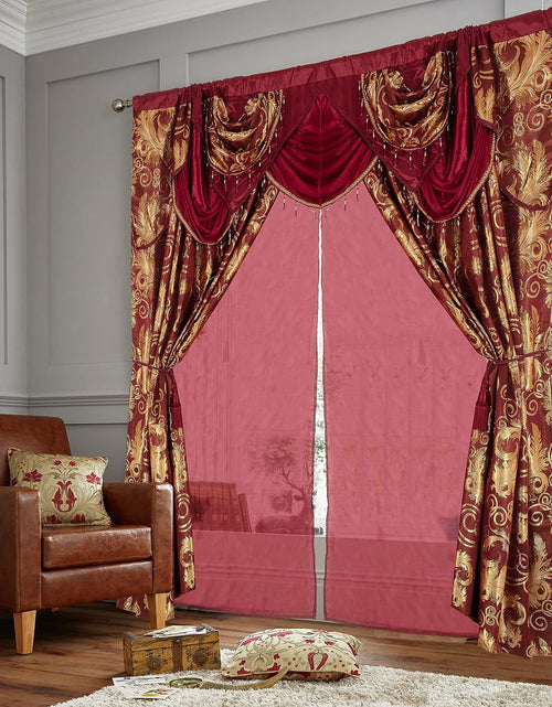 Load image into Gallery viewer, Jacquard Luxury Window 1 Panel Set Burgundy Curtain with Attached Valance and Backing , 110x84 inches Each
