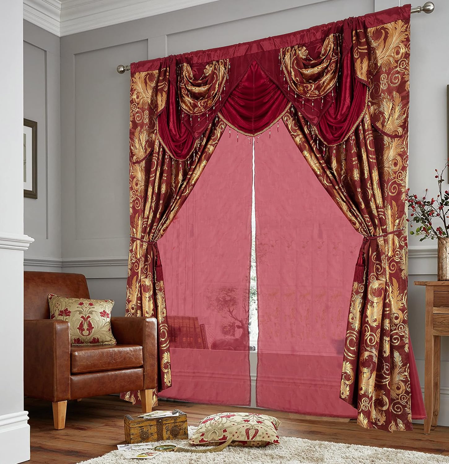 Jacquard Luxury Window 1 Panel Set Burgundy Curtain with Attached Valance and Backing , 110x84 inches Each