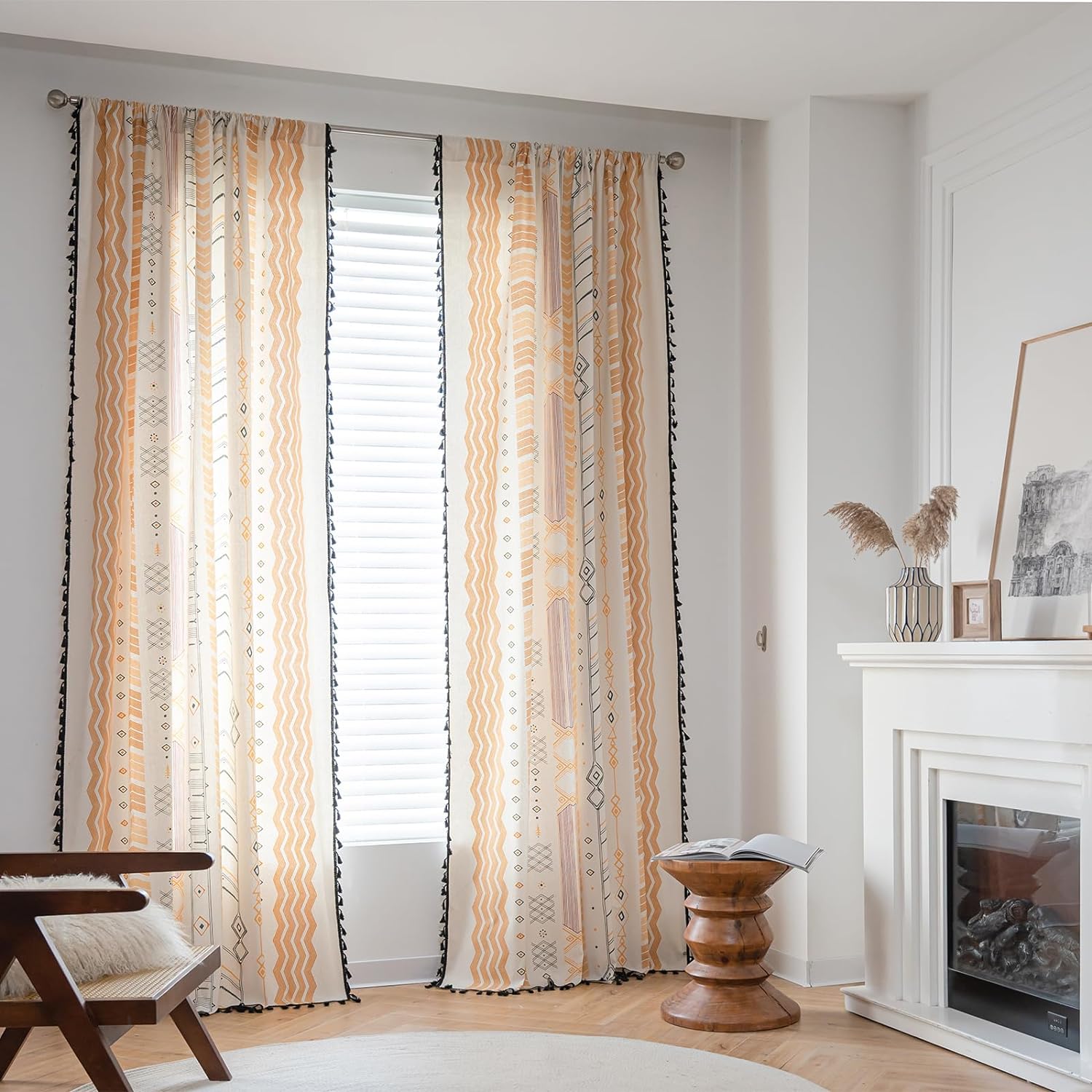 2 Panels 84 inch Semi Blackout Living Room Darkening Curtains, Geometric Tribal Cotton Linen