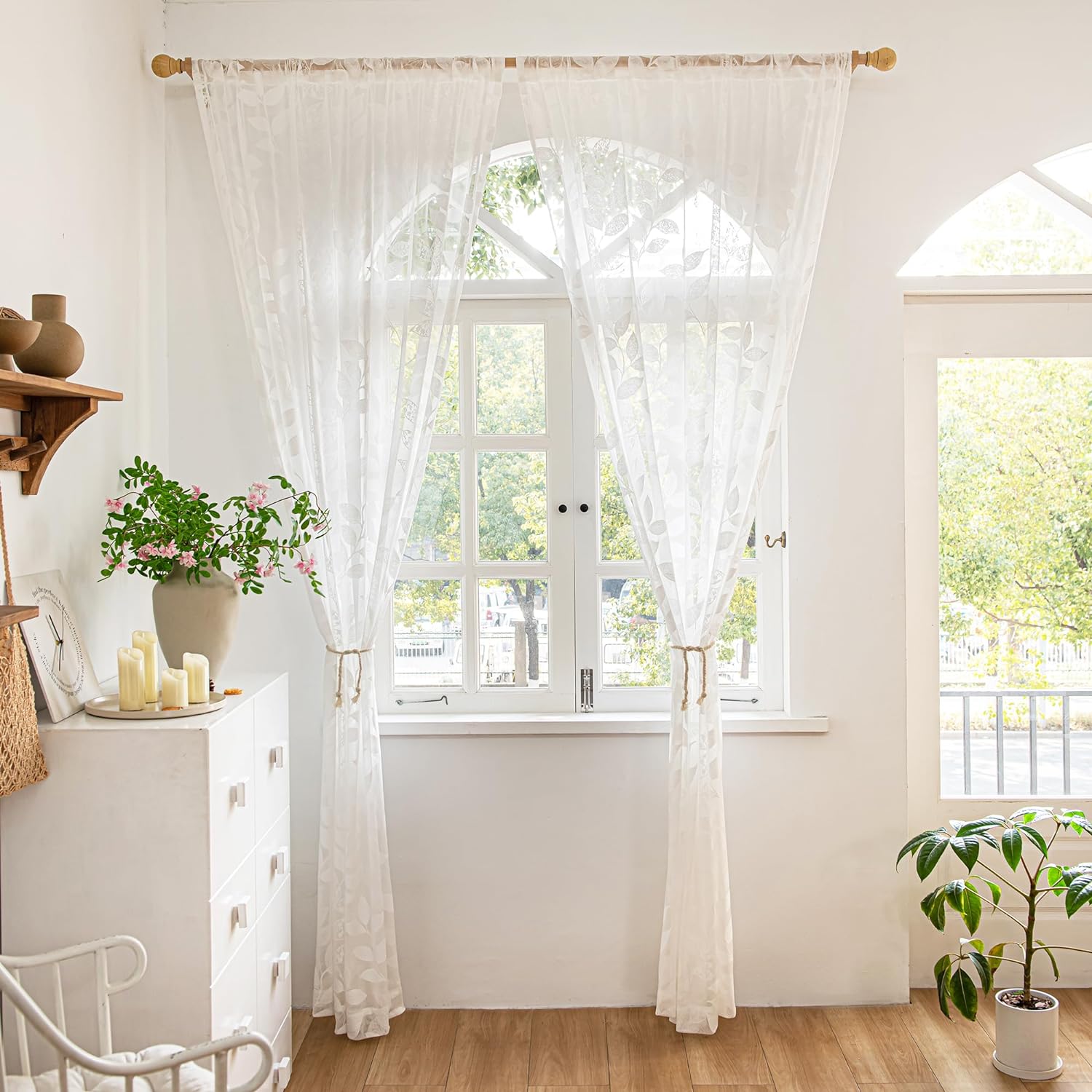 White Lace Sheer Curtains 63inch Vintage Leaf Knitted Window Curtain Drapes, 54" W,  2 Panels