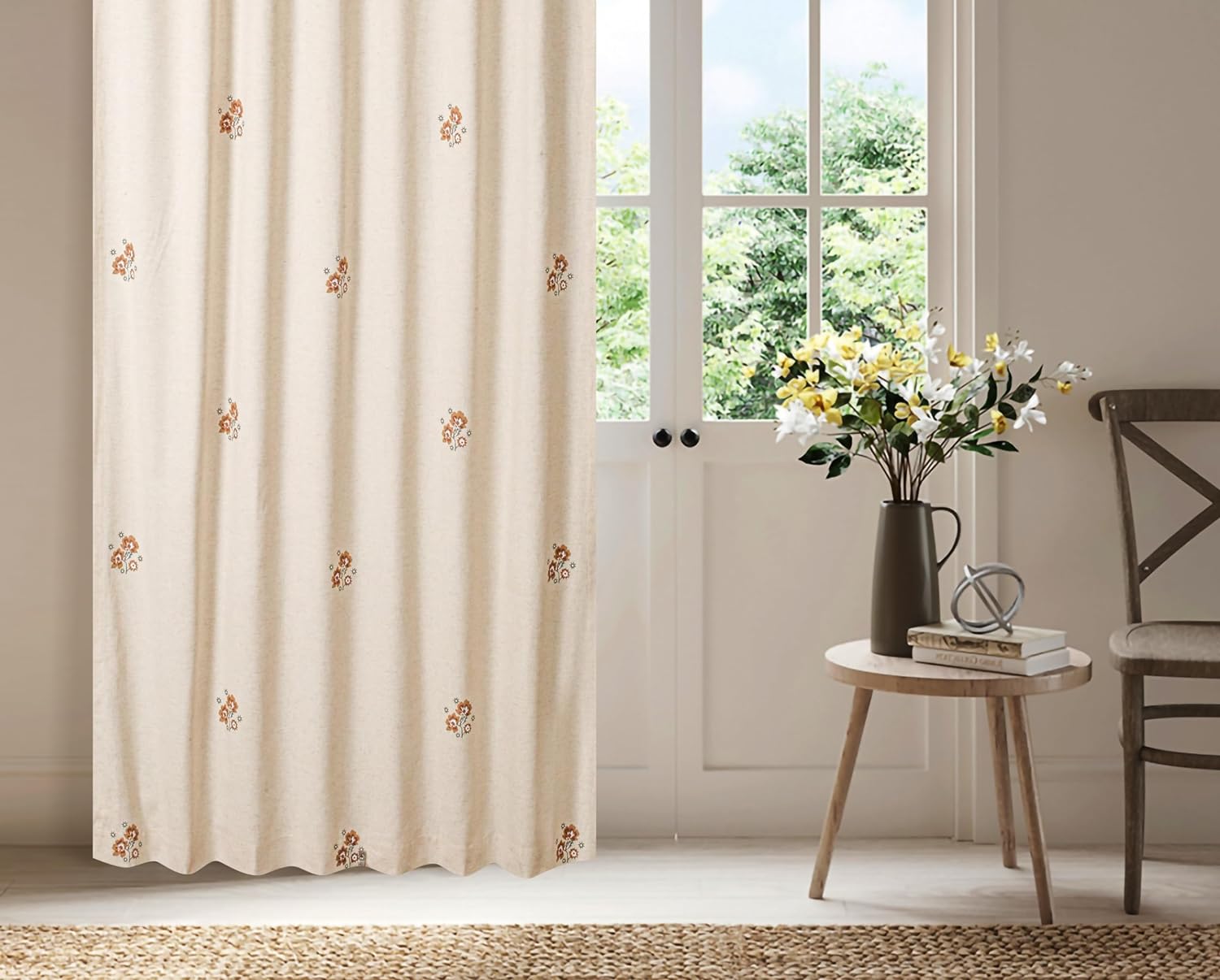 Bedding Craft Linen Curtains Drapes, Flower Print Linen Curtains, 1 Piece, Natural Brown White 50 x 84 inches)