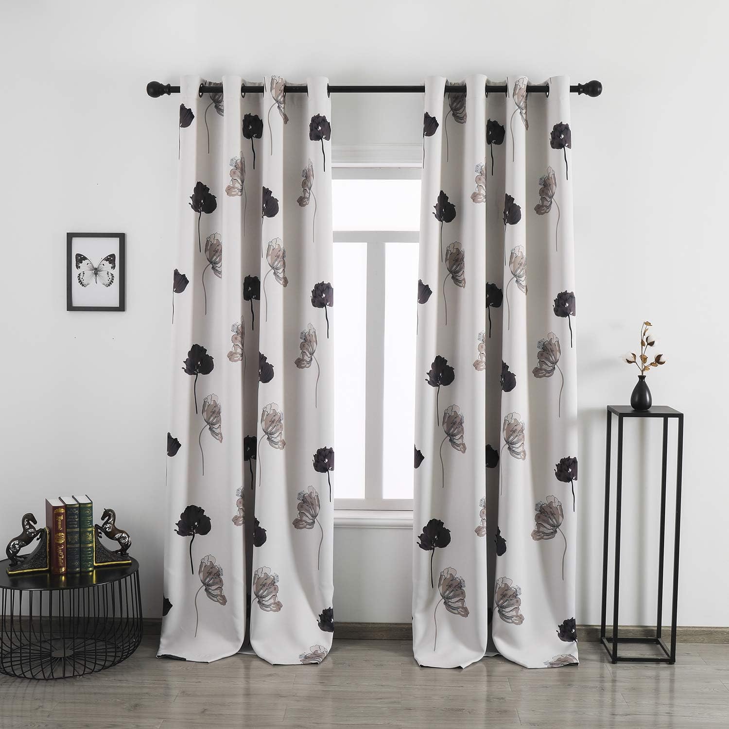 Home Floral Print Thermal Insulated Bedroom Heat Absorbing Room Darkening Curtain Grommet Panels, Set of 2, 52 W x 95 L, Black/Grey/Brown