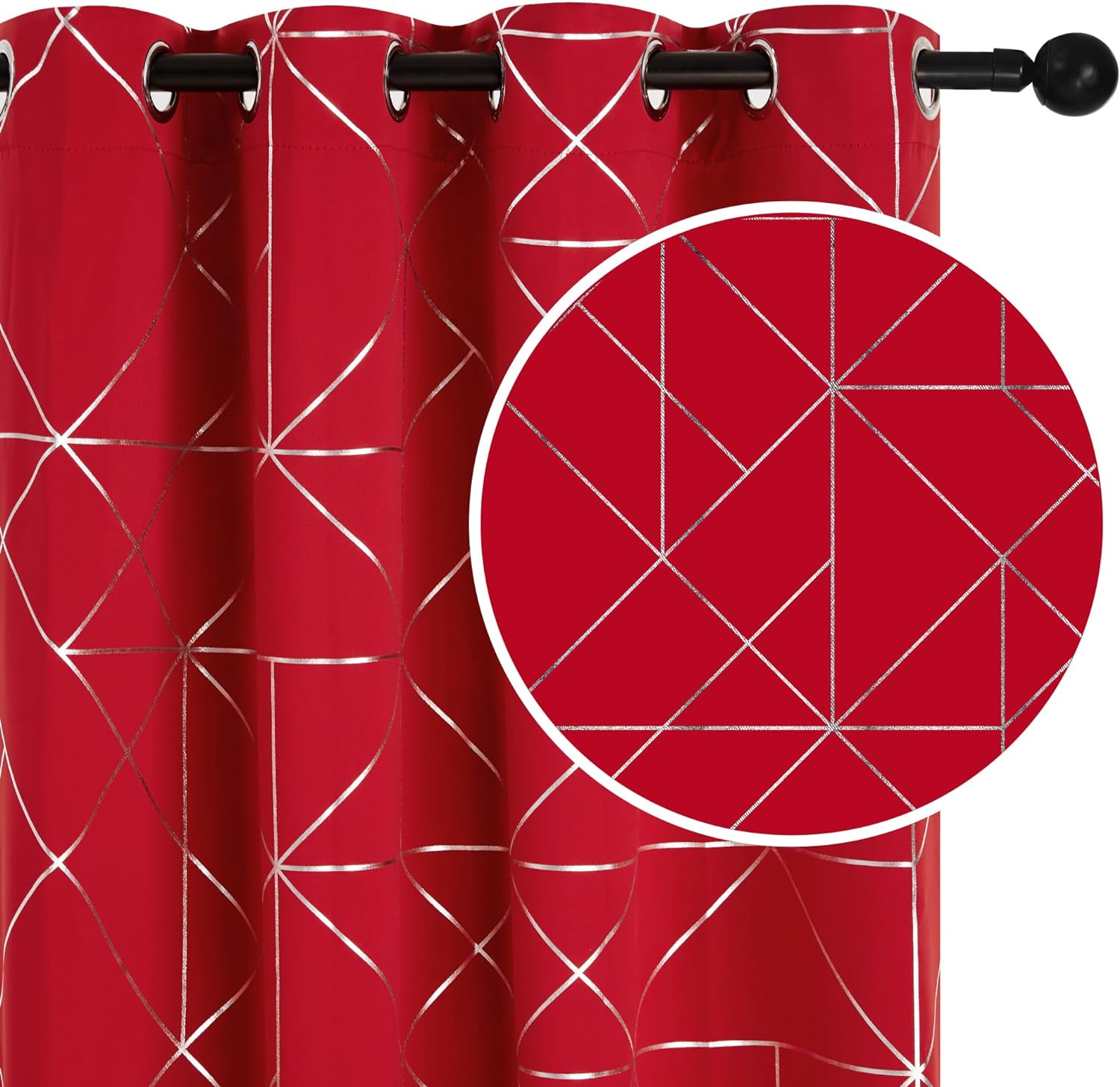 Curtains for Home Decoration, Blackout Curtains 84 Inches, Set of 2, Silver Geometric Patterned  52W x 84L, True Red