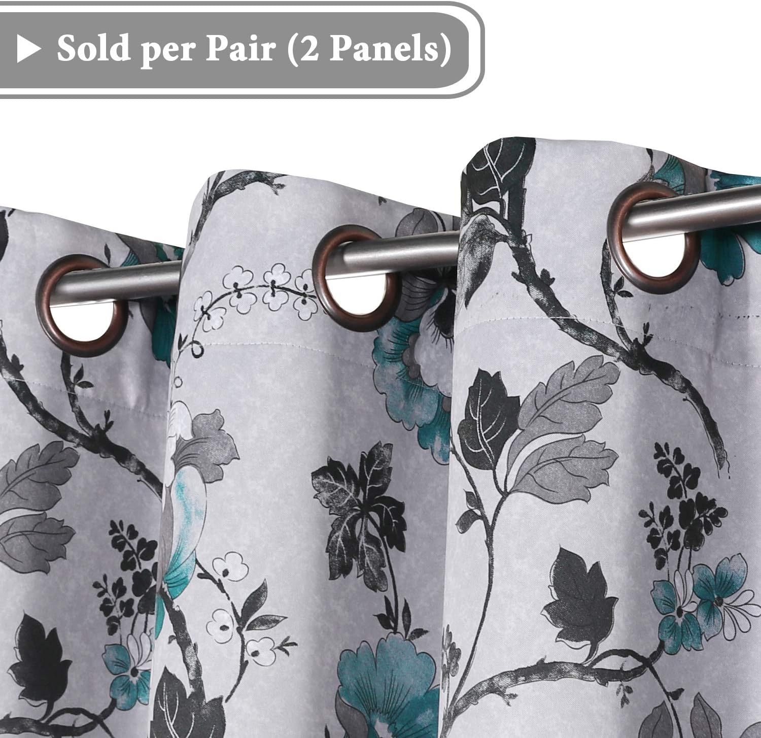 Blackout Curtains for Bedroom/Living Room Thermal Insulated Printed Curtain Drapes 63 Inches Long  (2 Panels), Vintage Floral Grey & Teal