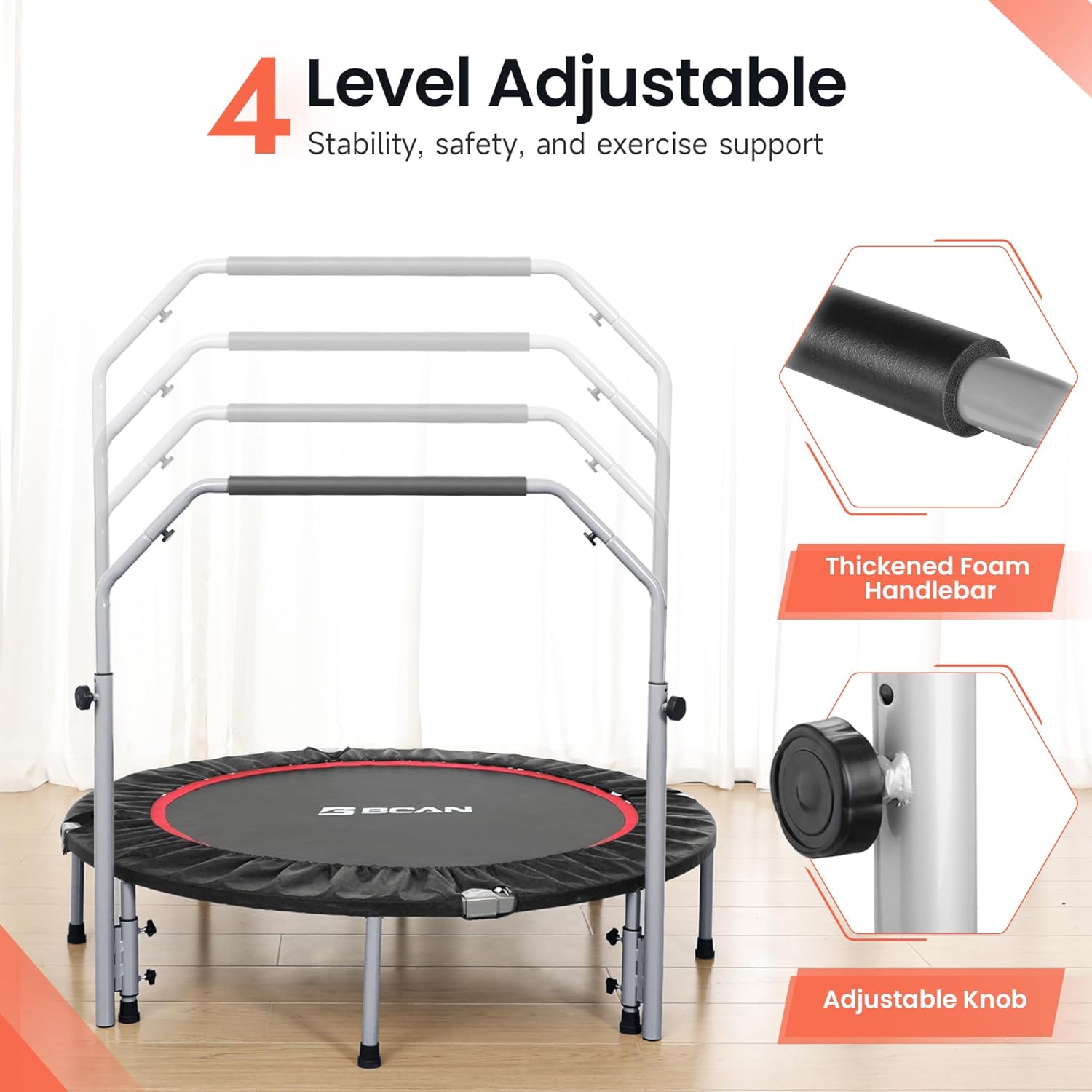 Foldable Mini Trampoline Max Load 330lbs/440lbs, Fitness Rebounder with Adjustable Foam Handle, 40-Inch