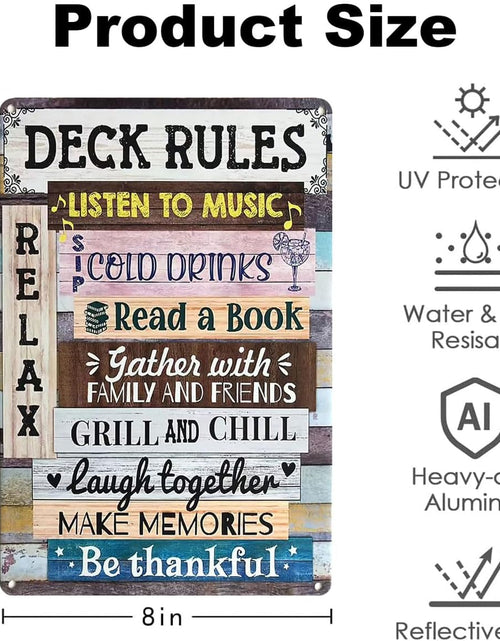 Load image into Gallery viewer, Deck Rules Metal Signs Rustic Listen to Music Sip Cold Drinks Tin Sign

