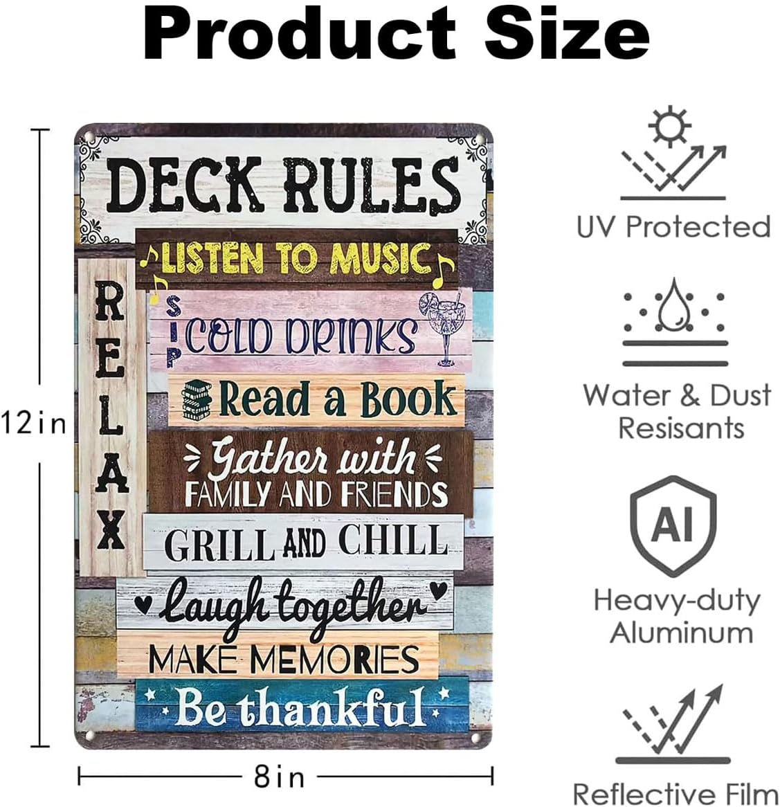Deck Rules Metal Signs Rustic Listen to Music Sip Cold Drinks Tin Sign