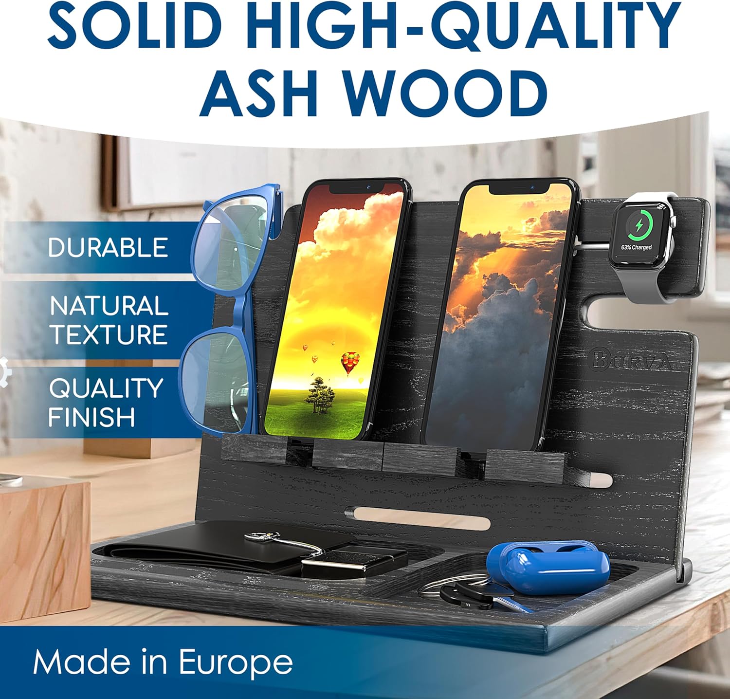 Wood Docking Station 2 Phone Nightstand Organizer Table Charging Dock Multi Watch Charging Stand, Black