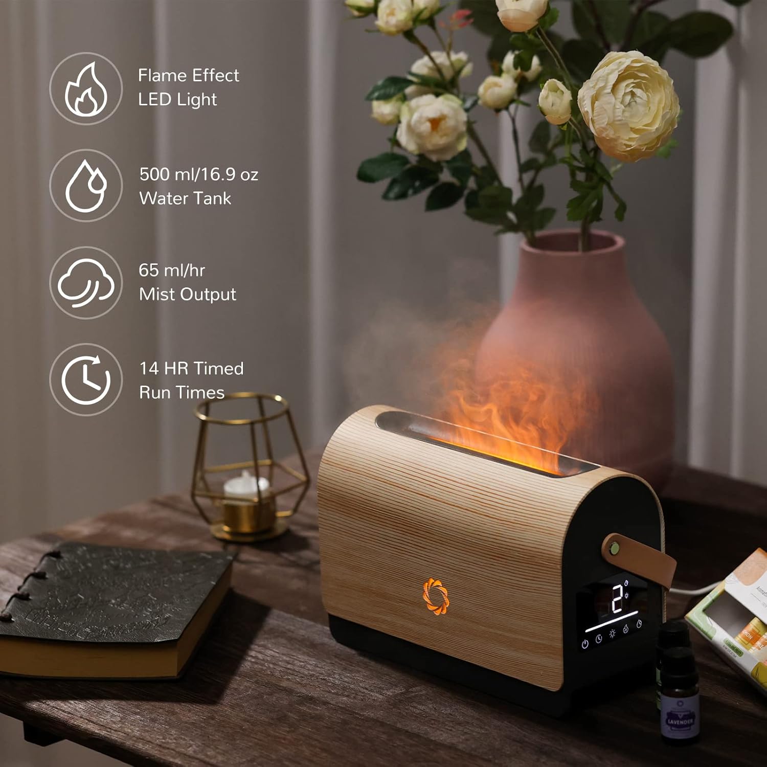 500ml Flame Diffuser, Aroma Essential Oil Diffuser, Ultrasonic Cool Mist Humidifier, LF500M Fire Diffuser