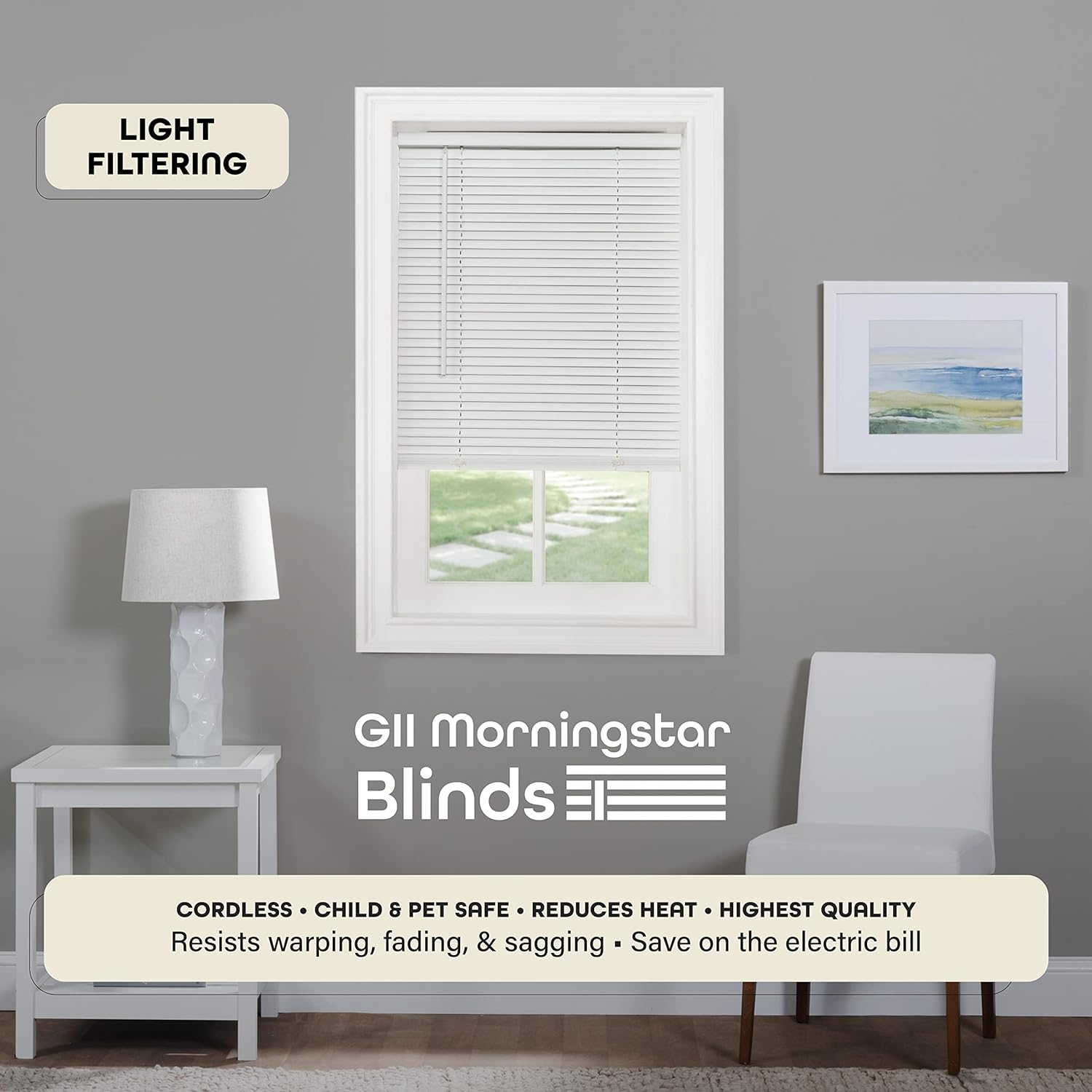 Cordless Light Filtering Mini Blind - 23 Inch Width, 42 Inch Length, 1" Slat Size - Pearl White